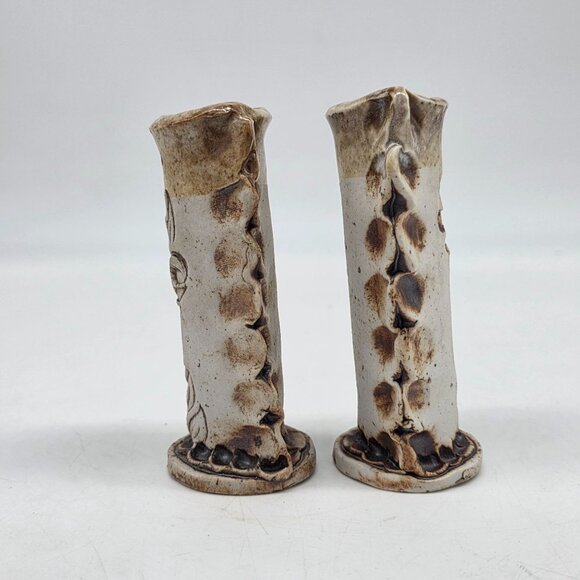 Vintage Signed Carved Ceramic Bud Vase Pressed Flower Design 4.5" Glazed Top - Picture 4 of 8